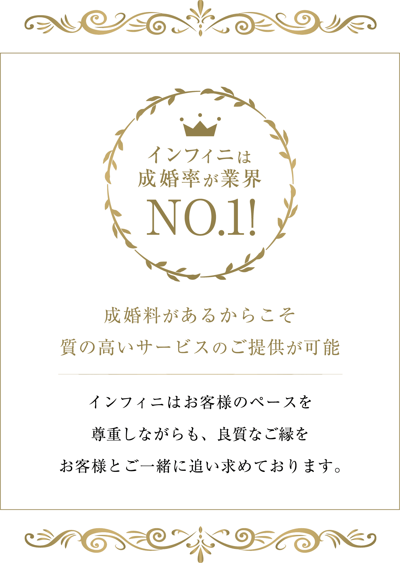 インフィニは成婚率が業界No.1!成婚料があるからこそ質の高いサービスのご提供が可能です。インフィニはお客様のペースを尊重しながらも、良質なご縁をお客様とご一緒に追い求めております。
