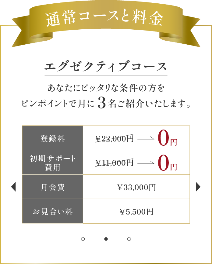 エグゼクティブコース：月3名ご紹介、登録料・初期サポート費用無料、月会費33,000円、お見合い料5,500円