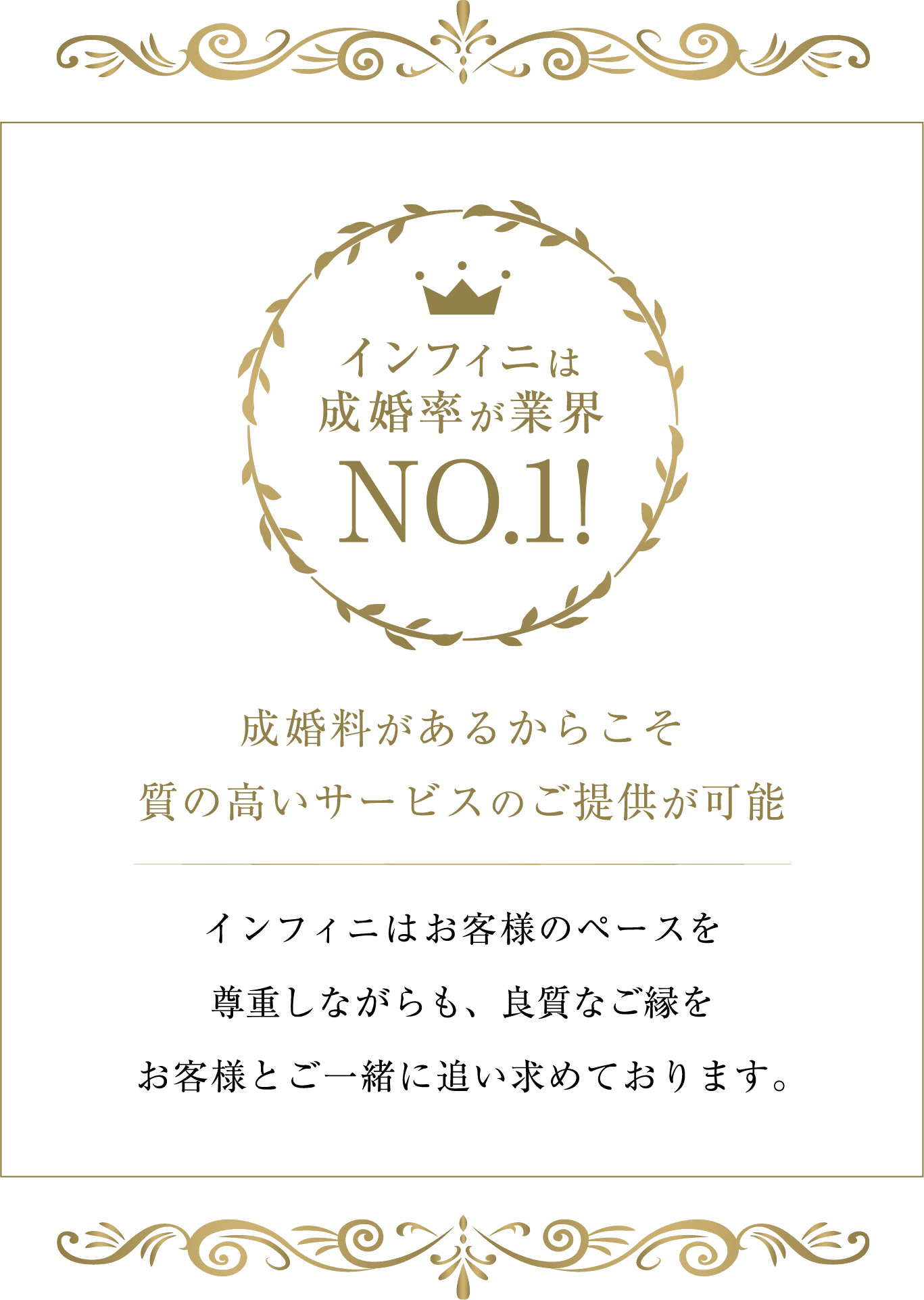 インフィニは成婚率が業界No.1!成婚料があるからこそ質の高いサービスのご提供が可能です。インフィニはお客様のペースを
尊重しながらも、良質なご縁をお客様とご一緒に追い求めております。